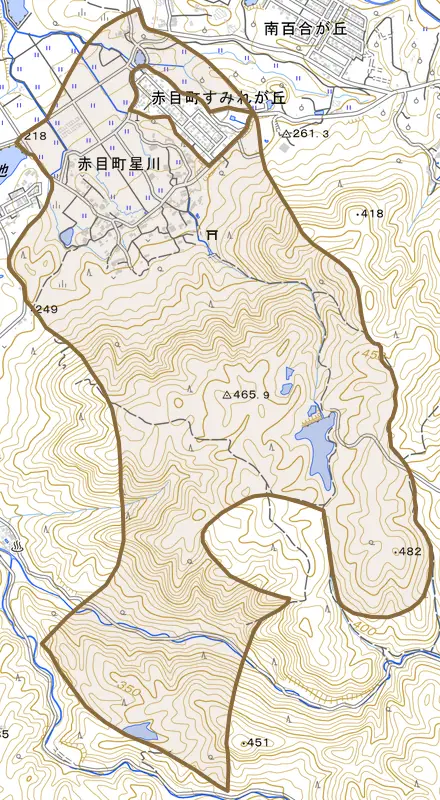 赤目町星川とその周辺の地図。町の範囲を重ねている