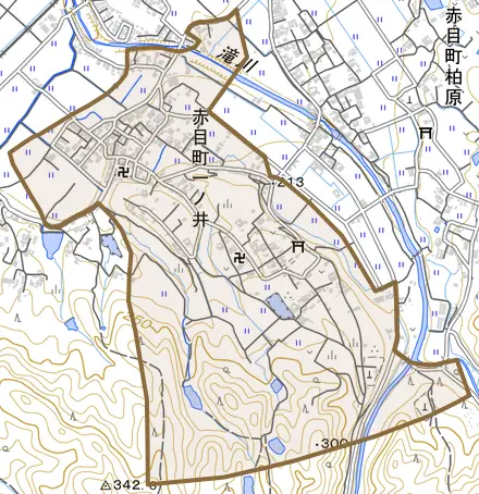 赤目町一ノ井とその周辺の地図。町の範囲を重ねている