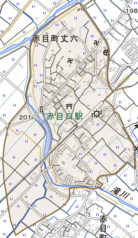赤目町丈六とその周辺の地図。町の範囲を重ねている