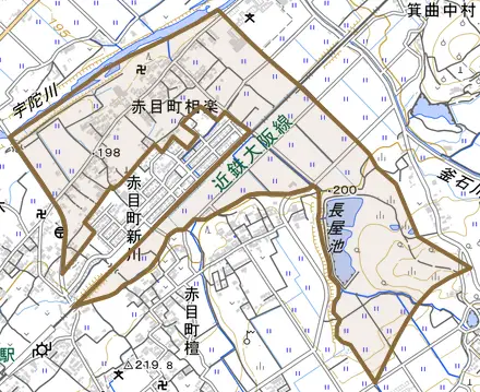 赤目町相楽とその周辺の地図。町の範囲を重ねている