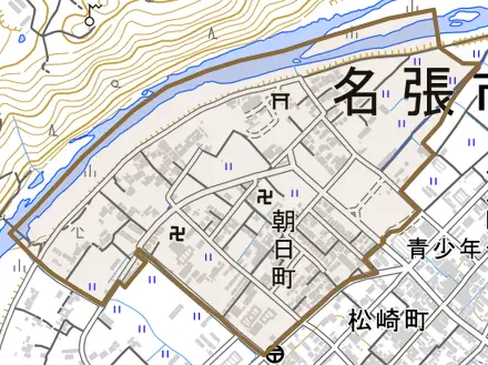 朝日町とその周辺の地図。町の範囲を重ねている