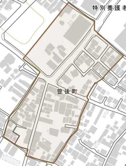 豊後町とその周辺の地図。町の範囲を重ねている