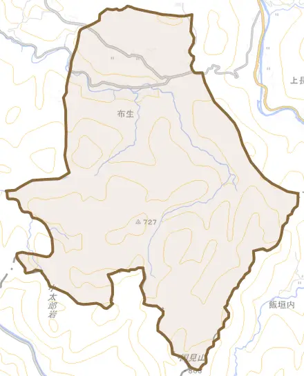 布生とその周辺の地図。町の範囲を重ねている