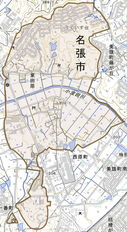 東田原とその周辺の地図。町の範囲を重ねている