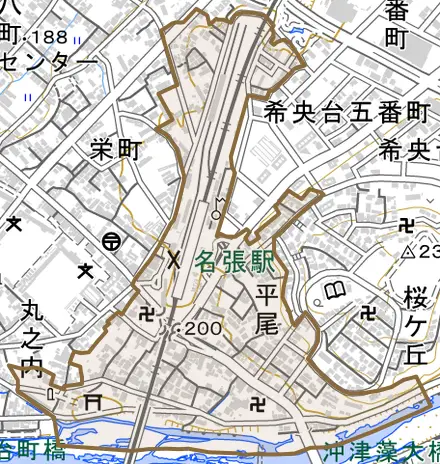 平尾とその周辺の地図。町の範囲を重ねている