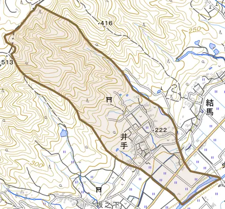 井手とその周辺の地図。町の範囲を重ねている
