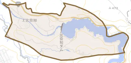 上比奈知とその周辺の地図。町の範囲を重ねている