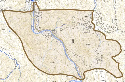 上長瀬とその周辺の地図。町の範囲を重ねている