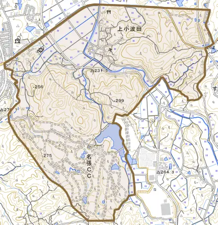 上小波田とその周辺の地図。町の範囲を重ねている