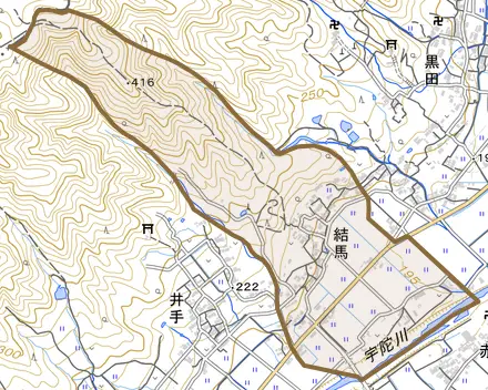 結馬とその周辺の地図。町の範囲を重ねている