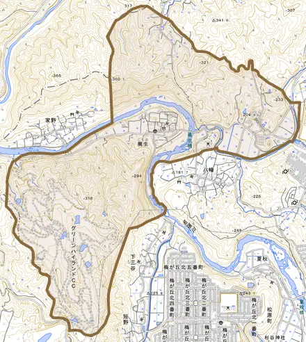 薦生とその周辺の地図。町の範囲を重ねている