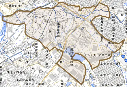 蔵持町原出とその周辺の地図。町の範囲を重ねている