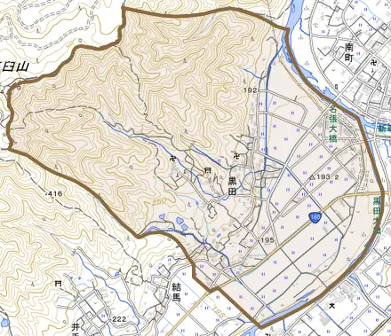 黒田とその周辺の地図。町の範囲を重ねている