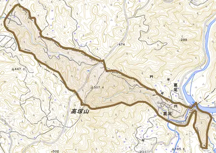 葛尾とその周辺の地図。町の範囲を重ねている