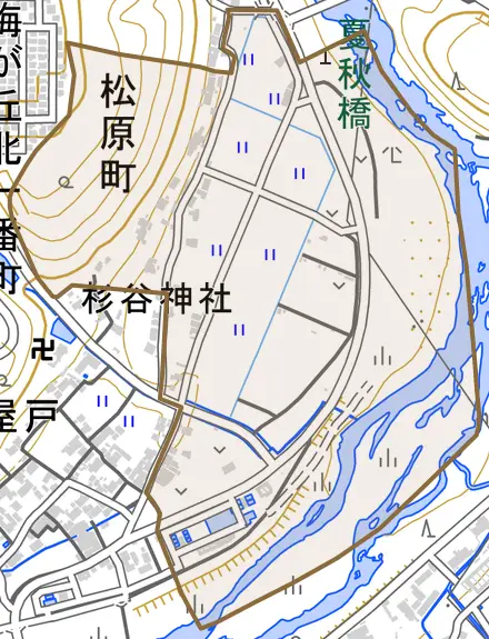 松原町とその周辺の地図。町の範囲を重ねている