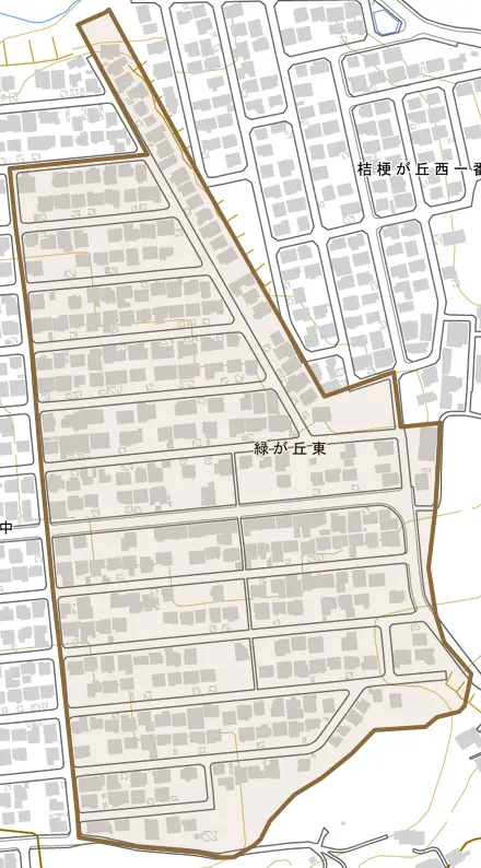 緑が丘東とその周辺の地図。町の範囲を重ねている