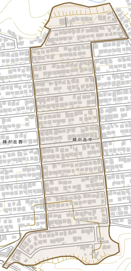 緑が丘中とその周辺の地図。町の範囲を重ねている