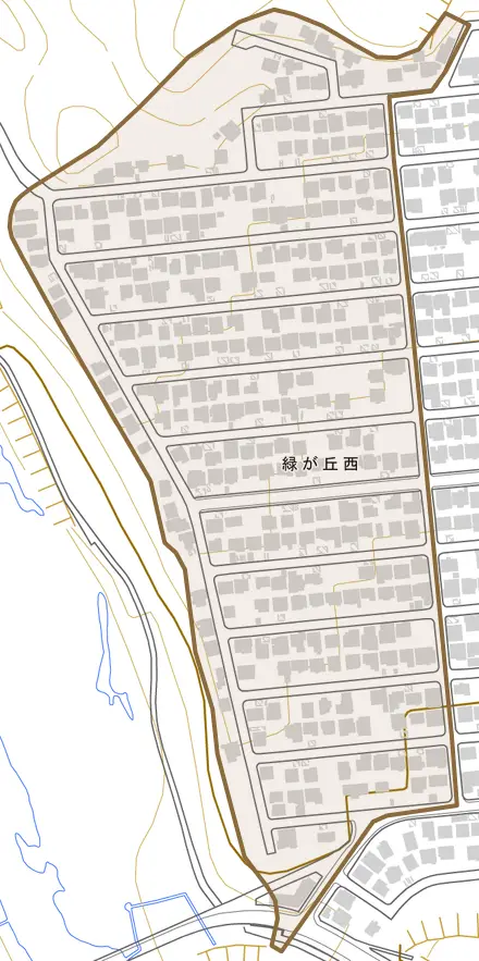 緑が丘西とその周辺の地図。町の範囲を重ねている