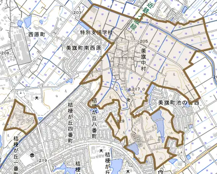 美旗中村とその周辺の地図。町の範囲を重ねている