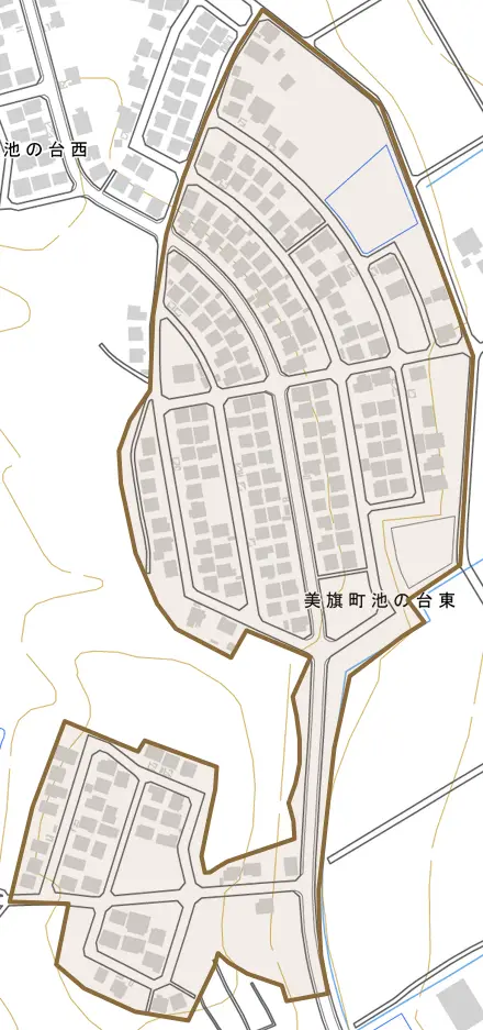 美旗町池の台東とその周辺の地図。町の範囲を重ねている