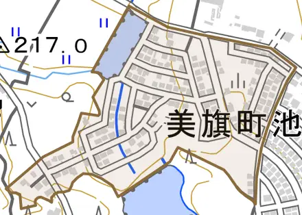 美旗町池の台西とその周辺の地図。町の範囲を重ねている