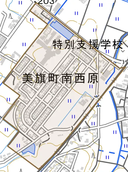 美旗町南西原とその周辺の地図。町の範囲を重ねている
