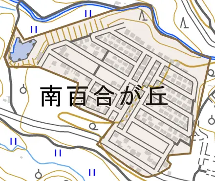 南百合が丘とその周辺の地図。町の範囲を重ねている