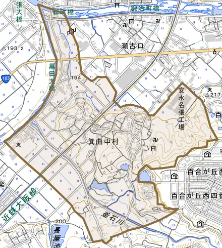 箕曲中村とその周辺の地図。町の範囲を重ねている
