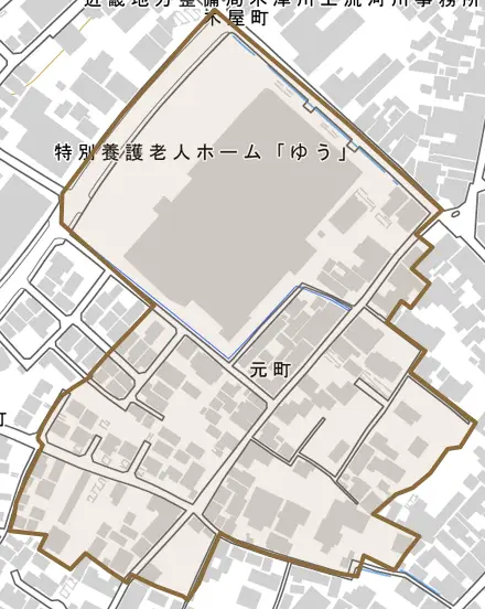 元町とその周辺の地図。町の範囲を重ねている