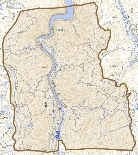長瀬とその周辺の地図。町の範囲を重ねている