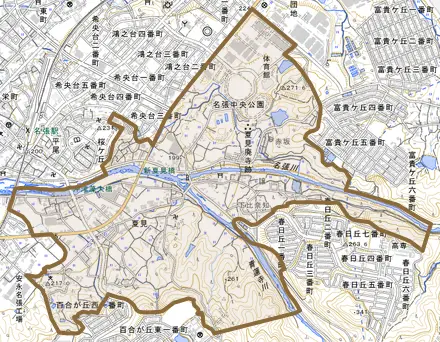 夏見とその周辺の地図。町の範囲を重ねている