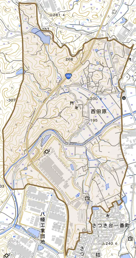 西田原とその周辺の地図。町の範囲を重ねている