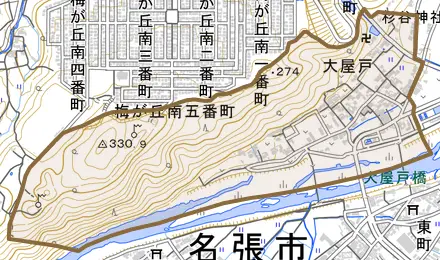 大屋戸とその周辺の地図。町の範囲を重ねている