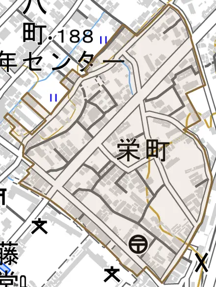 栄町とその周辺の地図。町の範囲を重ねている