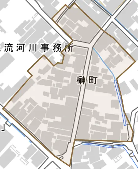 榊町とその周辺の地図。町の範囲を重ねている