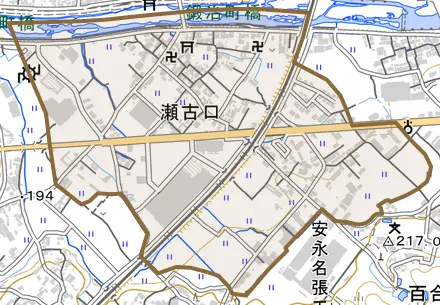瀬古口とその周辺の地図。町の範囲を重ねている