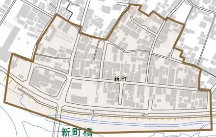 新町とその周辺の地図。町の範囲を重ねている