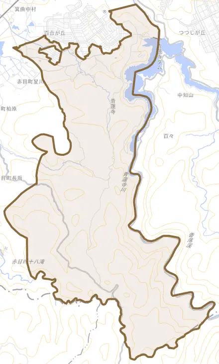 青蓮寺とその周辺の地図。町の範囲を重ねている