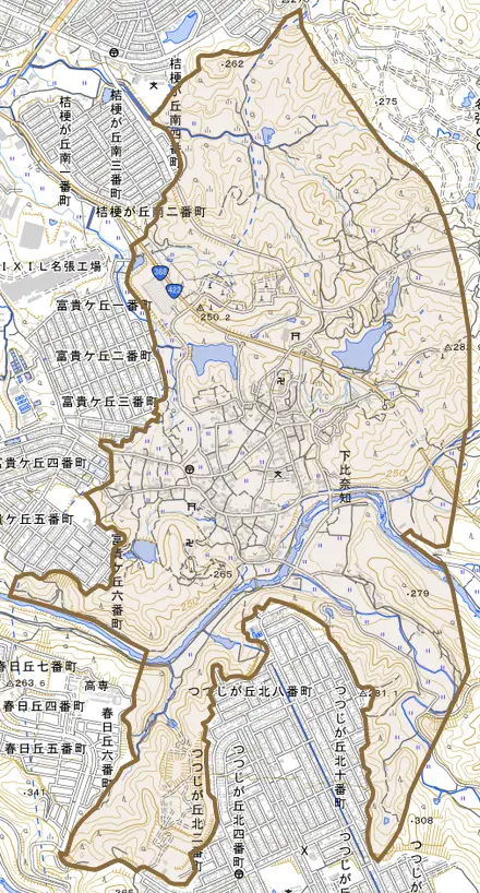 下比奈知とその周辺の地図。町の範囲を重ねている