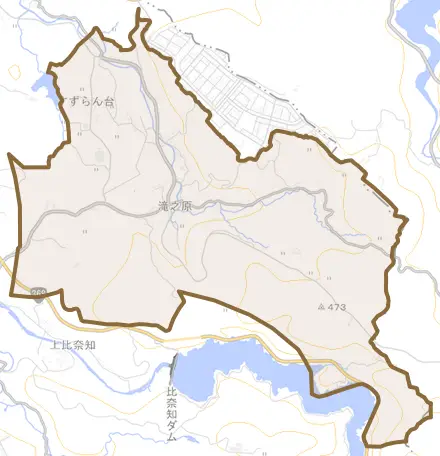 滝之原とその周辺の地図。町の範囲を重ねている