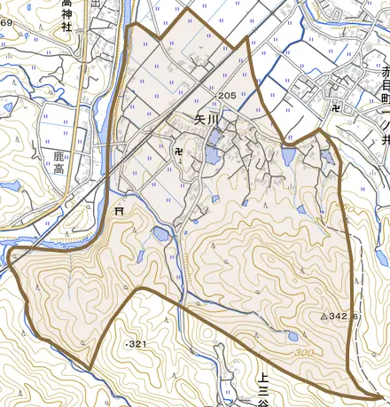 矢川とその周辺の地図。町の範囲を重ねている
