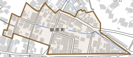 柳原町とその周辺の地図。町の範囲を重ねている
