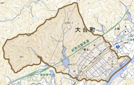 粟生とその周辺の地図。町の範囲を重ねている
