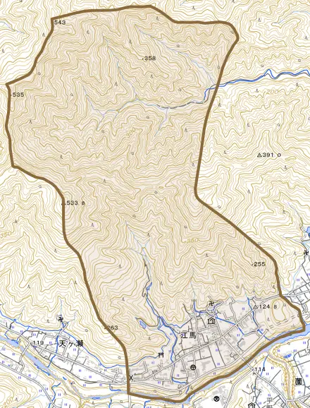江馬とその周辺の地図。町の範囲を重ねている