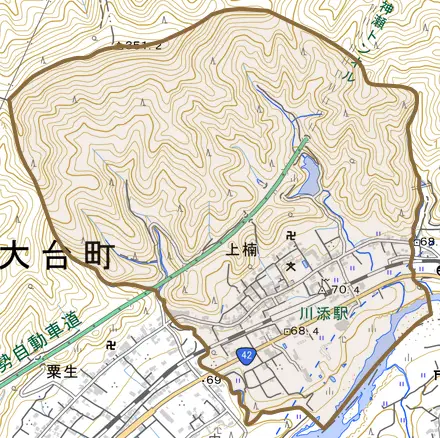 上楠とその周辺の地図。町の範囲を重ねている