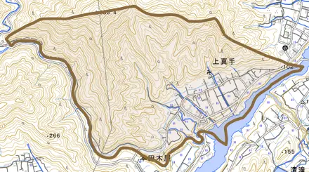 上真手とその周辺の地図。町の範囲を重ねている