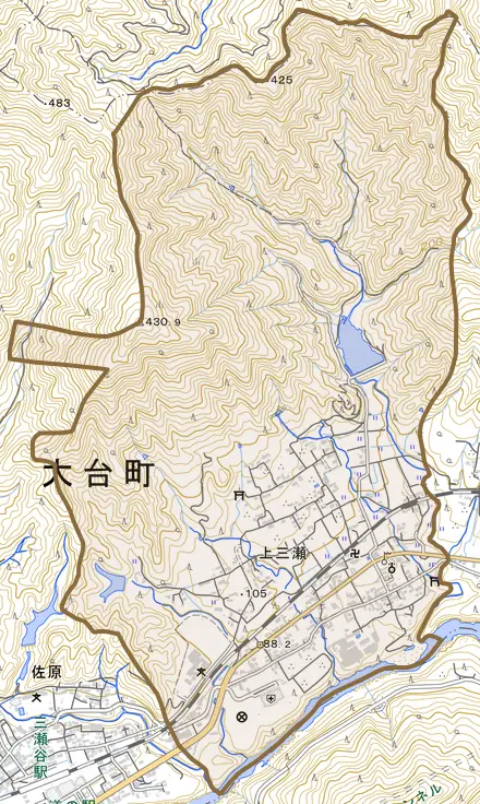 上三瀬とその周辺の地図。町の範囲を重ねている