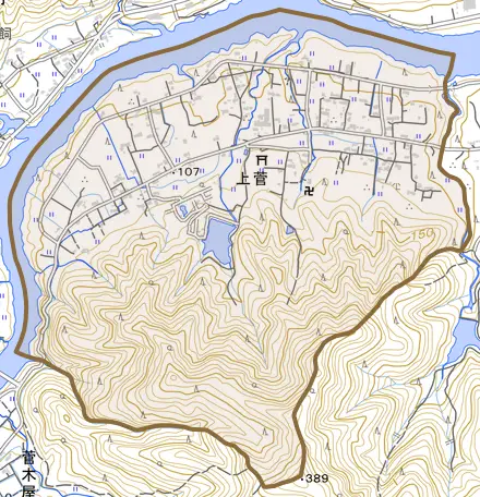 上菅とその周辺の地図。町の範囲を重ねている