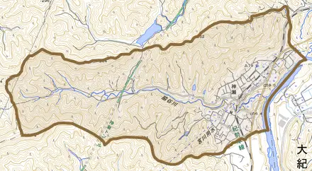 神瀬とその周辺の地図。町の範囲を重ねている