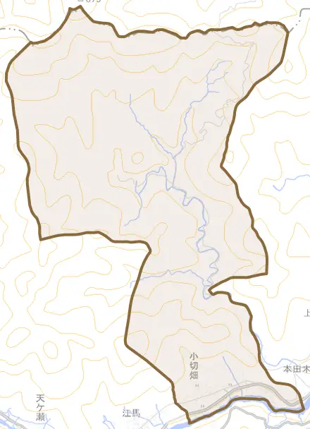 小切畑とその周辺の地図。町の範囲を重ねている